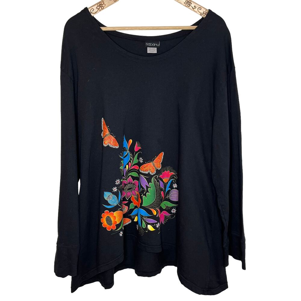 Sabaku Black Shirt Top with Butterfly Floral Print Size XL Mariposas Doradas